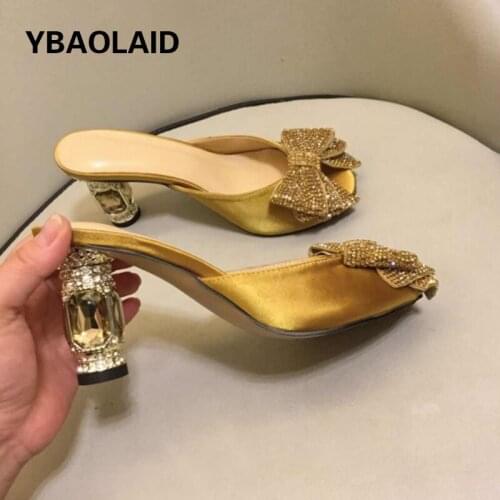Fashion Outer Wear Bowknot Rhinestones and Slippers Fish Mouth Jewels Bow Knot Flip Flops Thick High Heel Sandals and Slippers