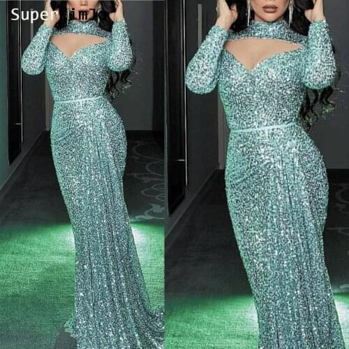 SuperKimJo Arabic Evening Dresses Long Sleeve High Neck Sequin Evening Gown 2020 Abendkleider Vestidos De Festa Longo