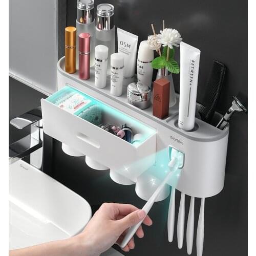 Bathroom Toothbrush Holder Restaroom Storage Rack Toilet Wall-mounted Toothpaste Squeezer Dispenser Home Bathroom Accessories