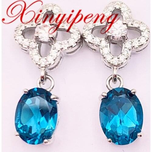 Xin Yipeng Fine Gem Jewelry Real S925 Sterling Silver Plated White Gold Inlaid Blue Topaz Earring Anniversary Gift for Women