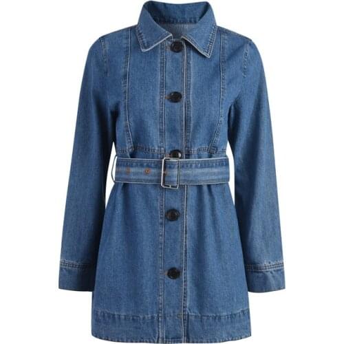 Midi Long Jacket Jeans Women 2021 Spring Denim Jacket Women Turn Down Collar Single Breasted Denim Coat with Sash