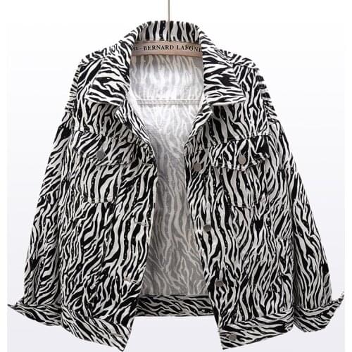 2021 New Spring Autumn Zebra Pattern Denim Jacket Womens Loose Versatile Long Sleeve Retro Urban Leisure Jacket Fashionable