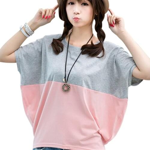 Women Batwing Short Sleeve Crew Neck T Shirt Pullover Loose Color Patchwork Tops