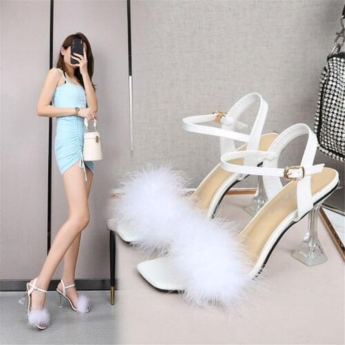 New Shoes Woman Fur Sandals Transparent Crystal Heels 9 CM Wedding Sandals Sexy Interest Female Stilettos Black White Red Pink