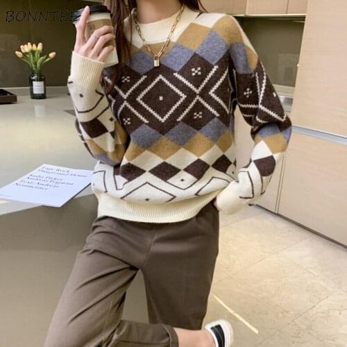 Pullovers Women Plus Size 4XL O-neck Full Sleeve Knitting Spring Printed Sweaters Ins Simple Elegant Preppy Korean Style Trendy