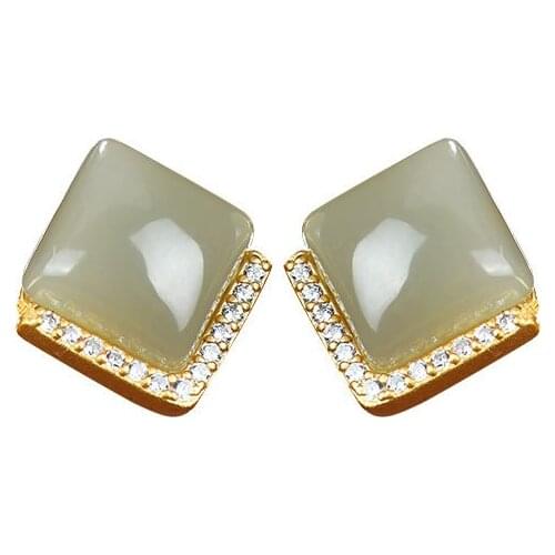 S925 sterling silver gold plated Natural Hetian jade Gray jade Ear studs Personality Simple Geometry Square Ladies Earrings