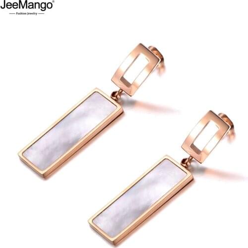 JeeMango Trendy White Shell Rectangular Titanium Stainless Steel Stud Earrings Rose Gold Handmade Ear Jewelry For Women JE19142