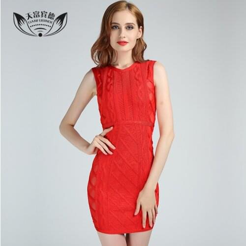 Women Sexy Red Color Sleeveless Bandage Dress High Elasticity Top Quality Mesh Mini Above Knee Dresses Summer Ladies Clothing