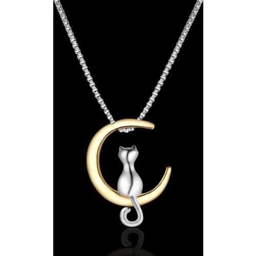 Beautiful Cute Little Cat Moon Pendant Necklace For Women Silver Color Chain Charm Best Friendship Gifts Jewelry Choker Collier