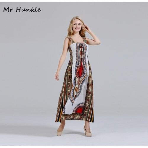 Mr Hunkle Womens MAXI Dress Spaghetti Strap White Cotton Dashiki Dresses African print Dresses for women African Vestidos