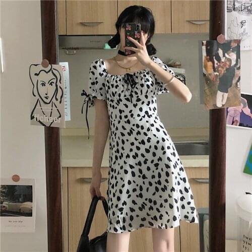 Womens Dress Square Collar Milk Print Short Sleeve Dress Sweet Bow Puff Sleeve A-Line Mini Dress Slim Dresses for Women