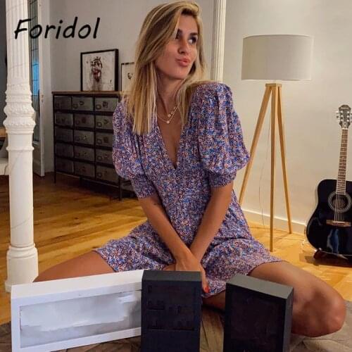 Foridol Puff Sleeve Floral Print Purple Short Summer Dress Women V Neck Button A-line Beach Vintage Boho Shoulder Padded Dress