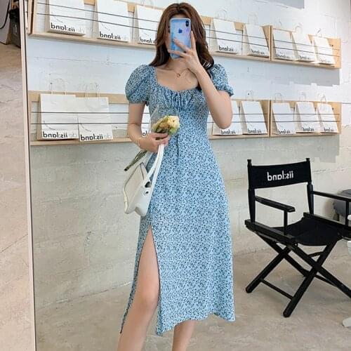 2021 Summer Dress Women Floral Print Boho Long Chiffon Dresses Casual Square Collar Split Sexy Elegant Dress Robe Femme