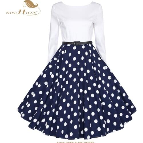 SISHION 2021 Spring 50s 60s Polka Dots Vintage Dress VD1525 Long Sleeve Women Ladies Plus Size Dress Cotton Swing Retro Dress