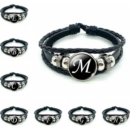 26 Letter A-Z Glass Snap Metal Bead Bracelet ID Name Friendship Black Braided Leather Bracelet Men Women Kids Family Gift