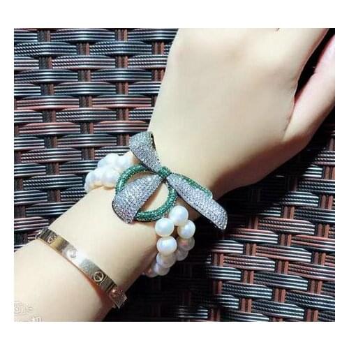 Free shipping Jewelry 2row 8-9 mm natural south sea white pearl bracelet micro inlay zircon crystal
