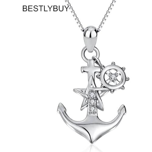BESTLYBUY Genuine 925 Sterling Silver Anchor Star Pendant Necklace For Women Girl Fine Jewelry Gift Free Shipping