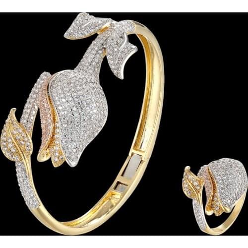 Zlxgirl jewelry high quality gold rose flower bangle and ring for wedding bridal jewelry sets metal mirco pave zircon bangle set