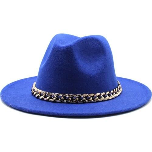 Mens Women Jazz Top Fedora Hat European American Big Chain Fedoras Fuax Woolen Wide Brim Felt Cap Men Womens Hats Panama Caps