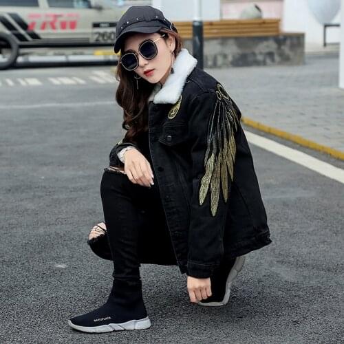 Angel Wings Embroidery Jeans Jacket Women Casacos Feminino Slim Warm Denim Jacket Lady Elegant Vintage Jackets 2018 Basic Coats