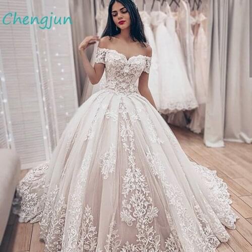 Chengjun Elegant Sweetheart Off the Shoulder Tulle Lace Appliques Ball Gown Wedding Dresses
