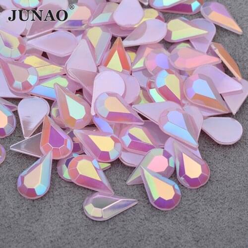 JUNAO 5*8mm Candy Pink AB Drop Crystal Rhinestones Flat Back Acrylic Gems Non Sewn Strass Stones Nail Art Decoration DIY Crafts