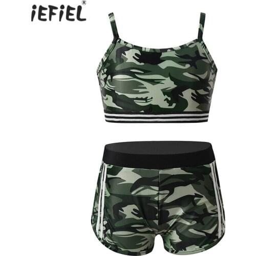 Camouflage Kids Girls Tankini Activewear Outfit Sleeveless Crop Top with Bottoms Tracksuit Set for Gymnastics Workout Fitness