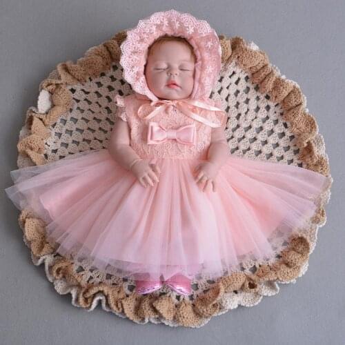 2PCs Set Baby Girl Baptism Dress Pink Tulle Infant Girl Christening Gown Lace Bowknot Party Wedding Newborn Gown 0-24Months