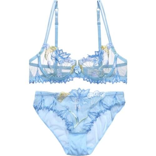 Ultrathin transparent bra set lace bra set embroidery erotic bras underwear women lingerie set sexy C D cup seethrough brassiere
