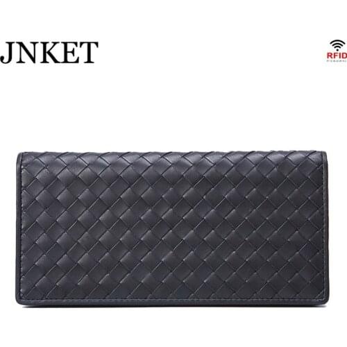 JNKET New Wallet Men Woven Business Long Leather Wallet Fashion Simple Money Clip Cow Leather Wallet