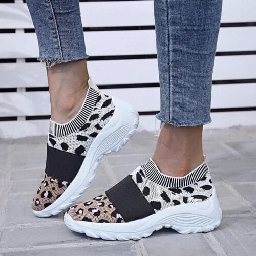 Rimocy 2021 Autumn Women Leopard Flat Shoes Knit Breathable Mesh Casual Shoes Woman Walking Non-slip Summer Sneakers Plus Size