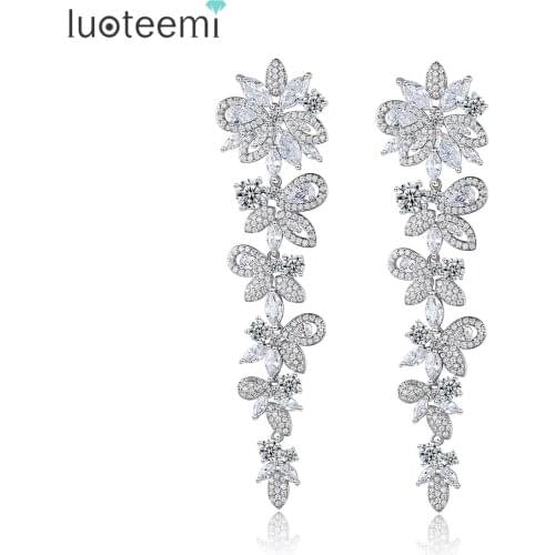 LUOTEEMI Flower Long Drop Earrings for Women High Quality Cubic Zircon Setting Jewelry Wedding Engagement Earrings New Arrivals