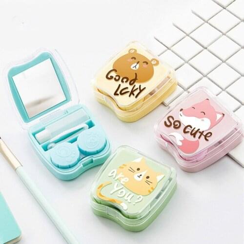 Cartoon Contact Lens Cases With Mirror Cute Contact Lens Box Square Women Girls Travel Contact Lenses Kit Container Case