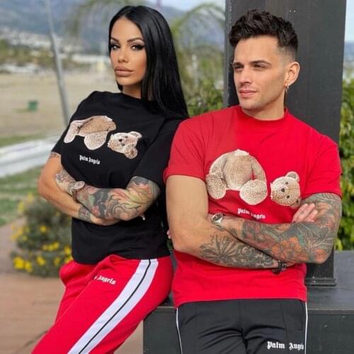 Palm Angels pink bear print mens womens short-sleeved PA letters loose round neck T-shirt 8794564