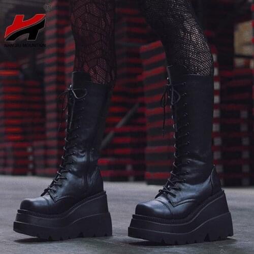 NAN JIU MOUNTAIN 2021 Autumn Womens Boots Calf Boots Lace Up Platform Knight Boots Outdoor Womens Shoes Plus Size 43