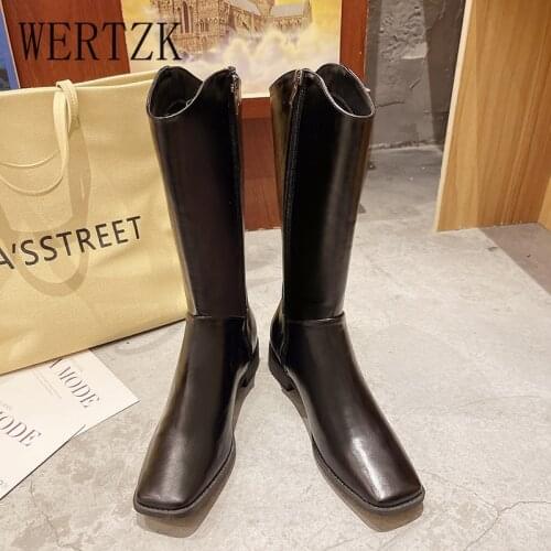 PU Leather Square Toe Med Heel Concise Style Autumn Winter Shoes Keep Warm Solid Gentle Women Cozy Knee-high Boots