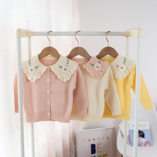 2021 autumn and winter new childrens sweater girl lapel flower embroidery cardigan jacket