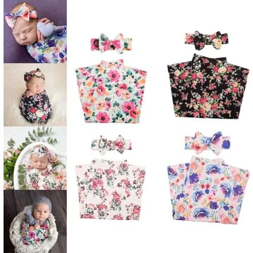 2 Pcs Newborn Baby Receiving Blanket Bowknot Headband Set Infant Print Swaddle Wrap Sleeping Bag Hair Band Kits