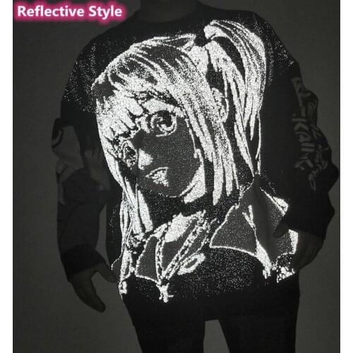 Japanese Style Anime Girl Reflective Sweater Men Harajuku Hip Hop Oversized Pullovers Women Kawaii Jumper Sueter Masculino