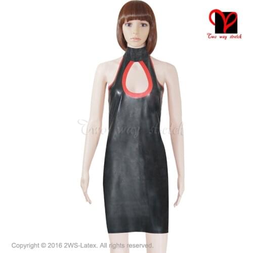 Sexy Black Latex Dress Backless Shift Rubber Playsuit Bodycon Gummi dress halter neck Side Split peep hole plus size XXXL QZ-033