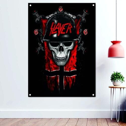 Helmet Skeleton Rock and Roll Flags Wall Sticker Decorative Accessories Dark Metal Artist Posters Black Art Banners Wall Hanging