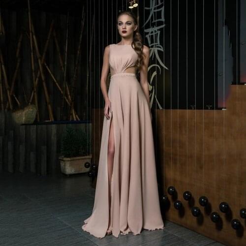 UZN Blush Pink Chiffon Prom Dress Scoop Neckline Lace-up A Line Long Prom Gown High Split Party Dress Vestido De Noche