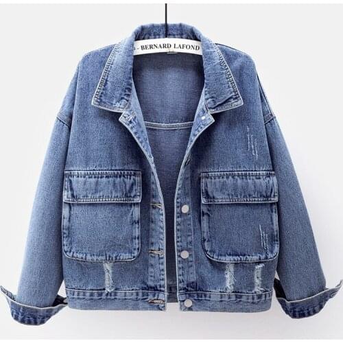 Vintage Frayed Short Denim Jacket Coat Women Big Pocket Student Outerwear Loose Casual Wash Jeans Jacket Female Chaqueta Mujer