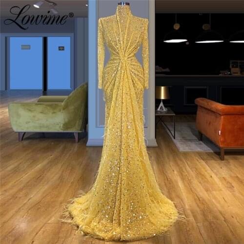 Beads High Neck Muslim Evening Dress Feathers Turkish Arabic African Prom Dresses 2020 Yellow Custom Made Mermaid Party Gown