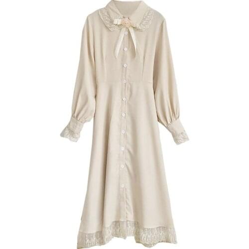 PERHAPS U French Vintage Apricot Bow Collar Patchwork Lace Single-breasted Lantern Long Sleeve Solid Elegant Dress Autumn D1835