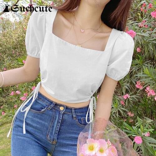 SUCHCUTE Korean Fashion Tie Up Tshirts For Women Summer Streetwear Crop Tops Vintage Puff Sleeve 90s Cute Shirts Harajuku