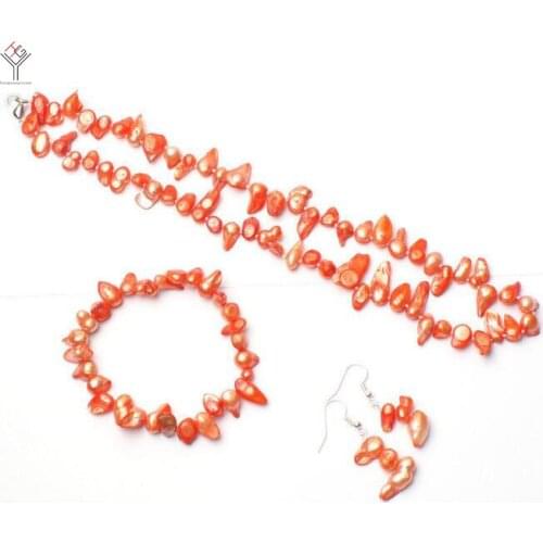 Women Jewelry set 8-15mm Bright orange red baroque elongated pearl necklace bracelet hook Earring natural freshwater pearl