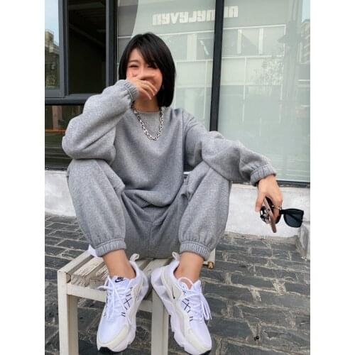 Women 's casual suit plus velvet thickening lazy style oversize sweater and trousers 2 - piece sets Women