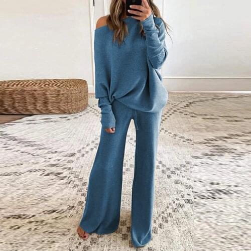 Women Casual Solid Knitted Two Piece Sets Sexy Ladies Off Shoulder Loose Tops And Wide Leg Pants Suits 2021 Spring Casual Suits