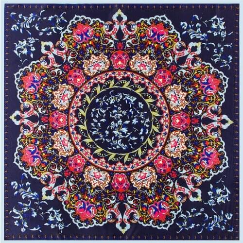 100cm Square 100% Silk Scarf Women Scarf Scarf Porcelain Flower Design NeckerChief Silk Bandana Small Square Silk Scarf
